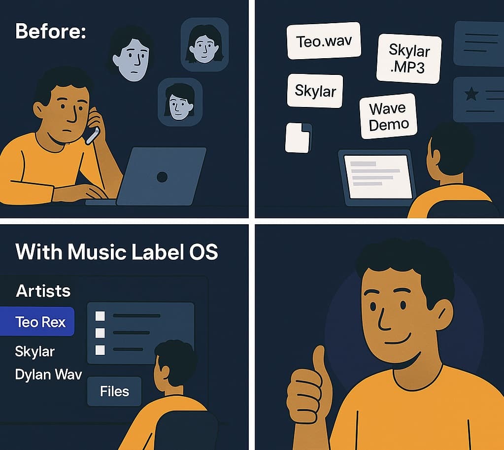 Before and after comparison: frustrated person with scattered files vs happy person with organized Music Label OS interface